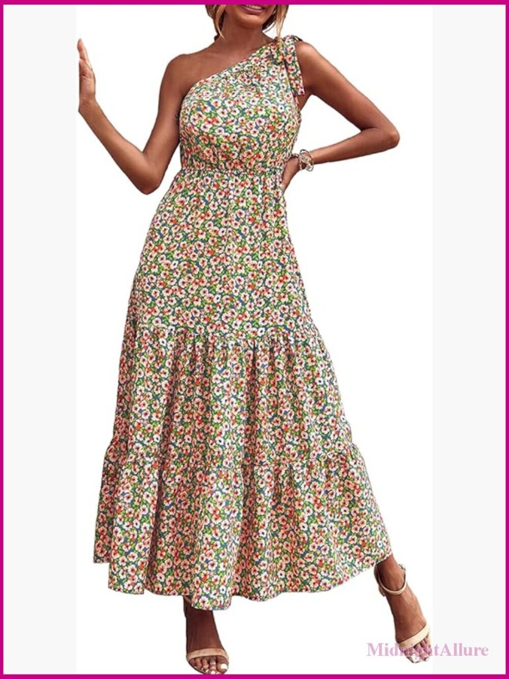 Womens Summer Floral One Shoulder Maxi Dress Knot Ruffle Boho Beach Party